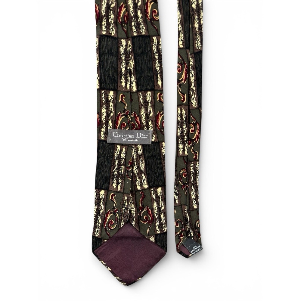 Vintage Christian Dior Tie Olive Green Baroque Art Designer 100% Silk Necktie - Picture 3 of 8